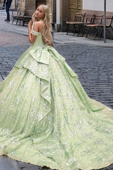 Silver & Green Beaded Ball Gown Off-Shoulder Quinceanera Dress with Tiered Ruffles & Floral Appliques